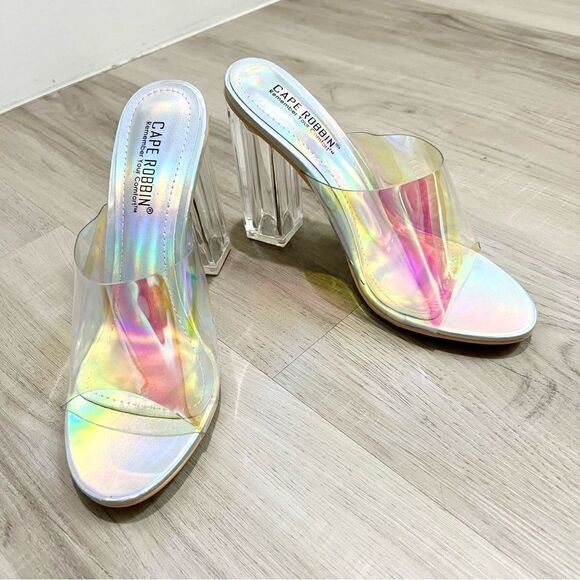 NWT Cape Robbin FUSION TRANSPARENT CLEAR Holographic CHUNKY BLOCK HEELS sz 7 - Picture 6 of 10